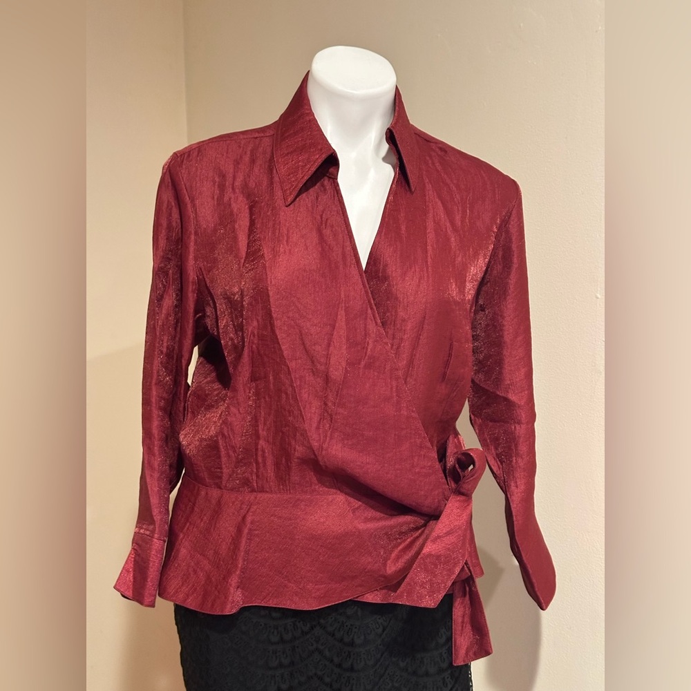 COLDWATER CREEK Satin Wine Color, Long Sleeve,Wrap Around,Front Tie Blouse Sz.PL